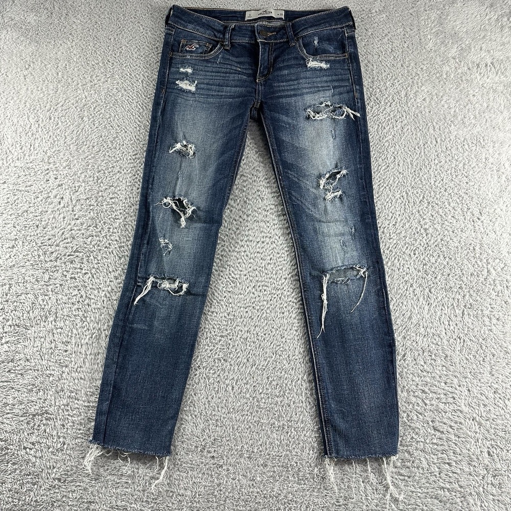 Hollister Jeans Junior 3 W26 Blue Straight Leg Distress Faded Y2K Retro Raw Hem